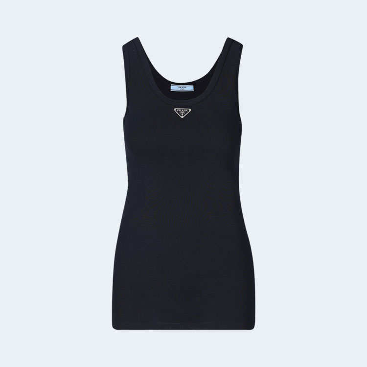 프라다 로고 플라크 민소매 탱크 탑 블랙