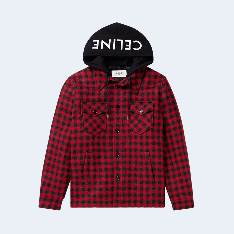 셀린느 체크 울 모헤어 후드 오버셔츠