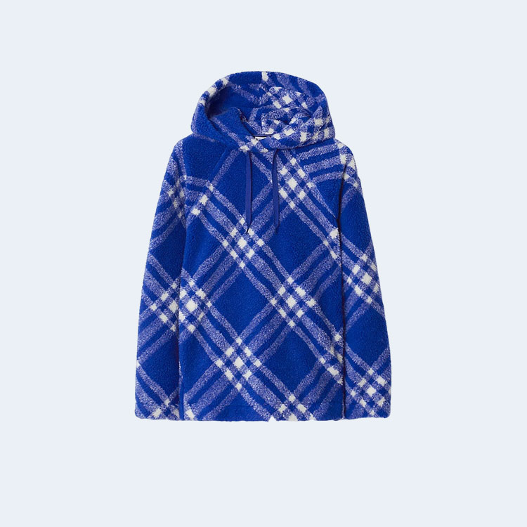 버버리 블루 플리스 체크 후드