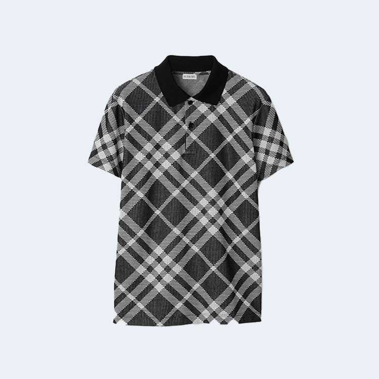 버버리 체크 스트레치 코튼 블렌드 폴로 셔츠 블랙