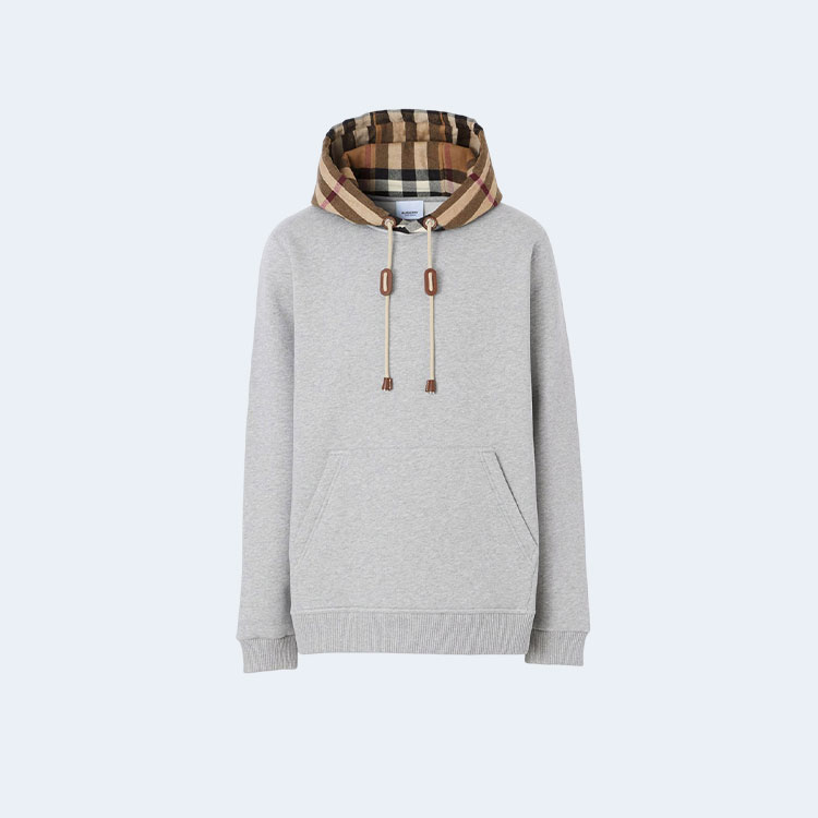 버버리 체크 기모 후드티 그레이