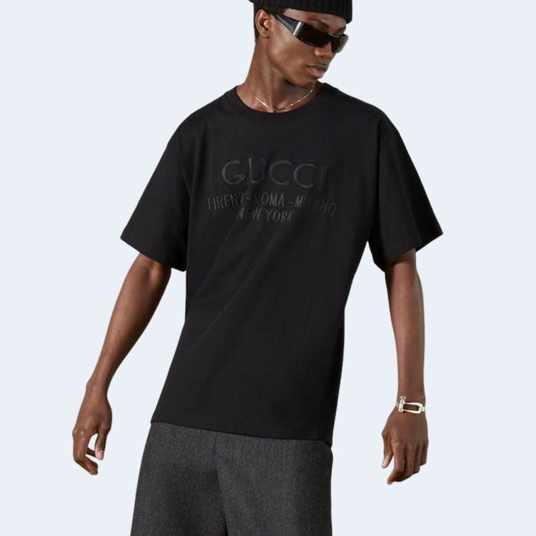 구찌 자수 로고 코튼 티셔츠 블랙