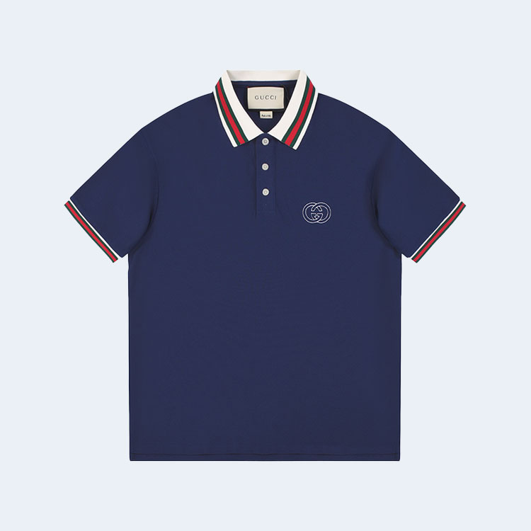 구찌 GG 우븐 슬리브 폴로 셔츠 네이비