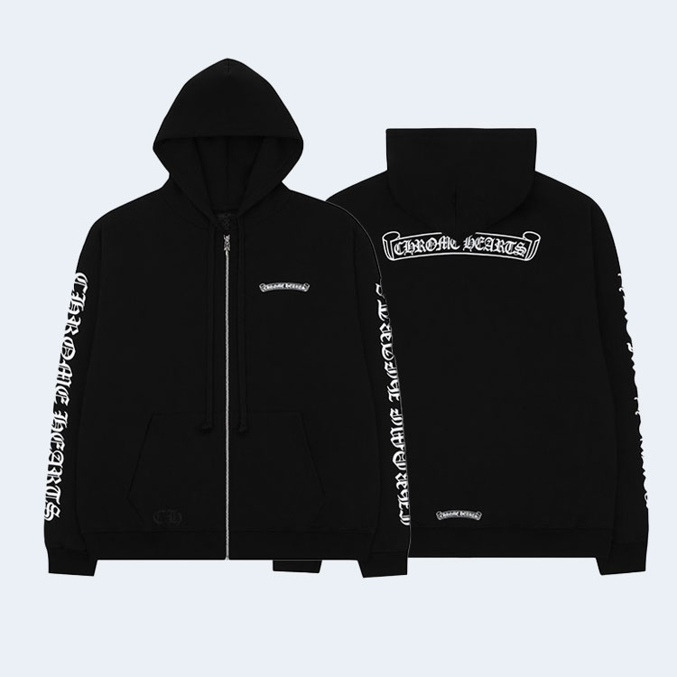 크롬하츠 스크롤 로고 플리스 집업 후드 블랙