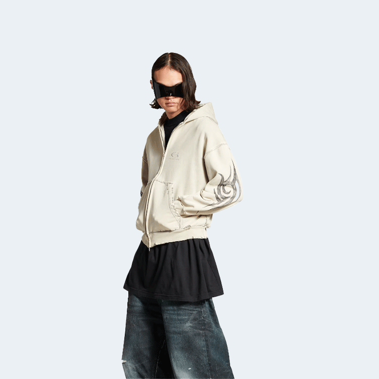 발렌시아가 남성 Y2k 레귤러 핏 집업 후디 라이트 베이지