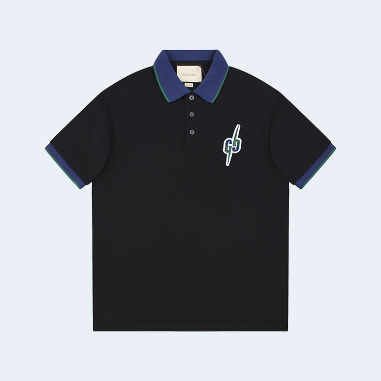구찌 라이트닝 볼트 자수 폴로 셔츠 블랙
