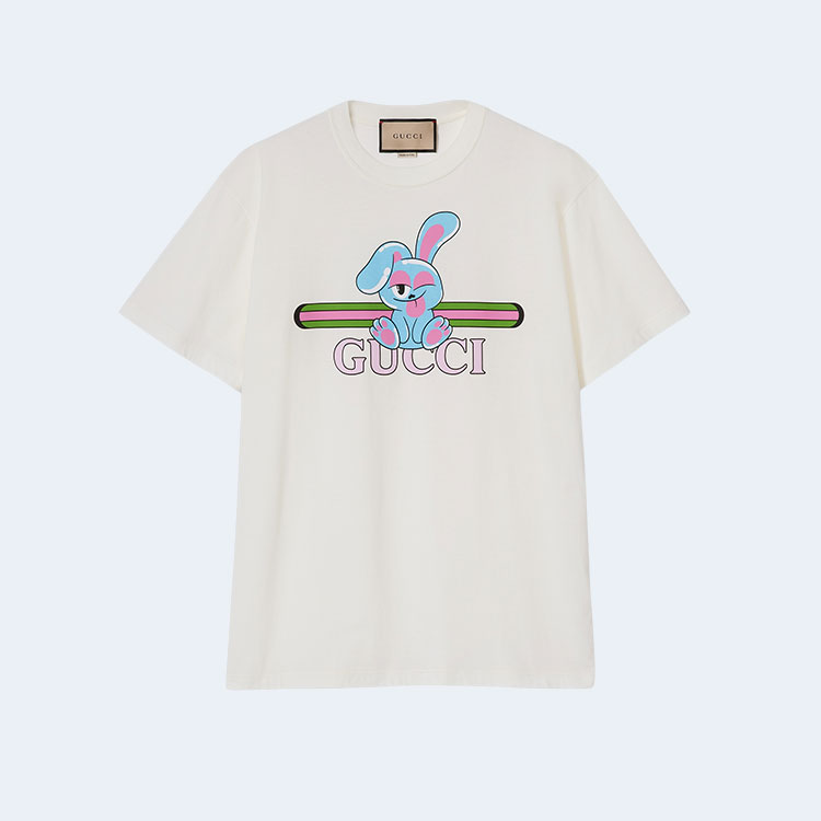 구찌 코튼 저지 래빗 프린트 티셔츠