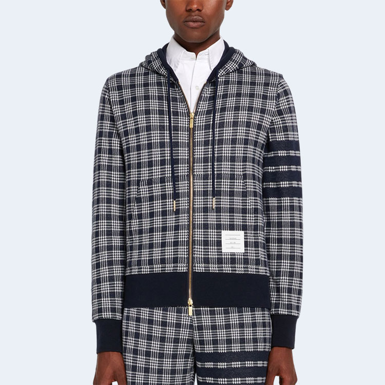 톰브라운 마이크로 체크 집업 후디 네이비