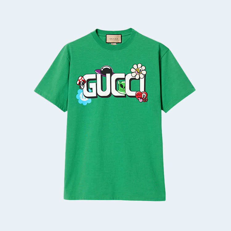 구찌 카툰 머쉬룸 로고 코튼 저지 티셔츠 그린