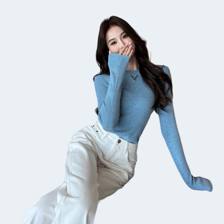 발렌티노 로고 골지 티셔츠 블루