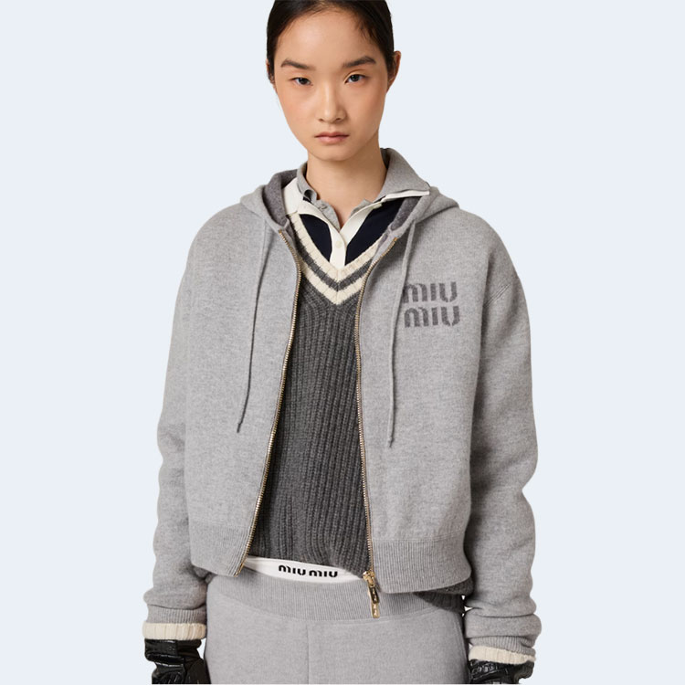 미우미우 더블 캐시미어 지퍼 후디 가디건