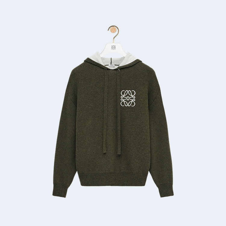 로에베 울 자카드 카키 후디