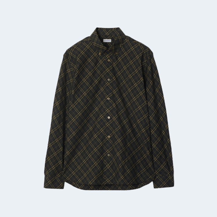버버리 카키 체크 코튼 셔츠
