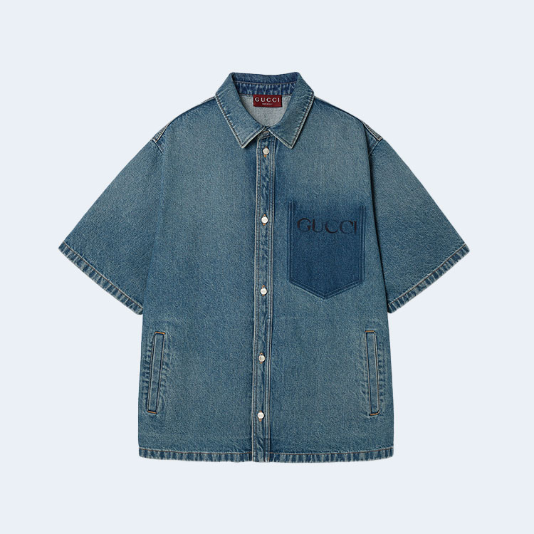 구찌 프린트 데님 반소매 셔츠