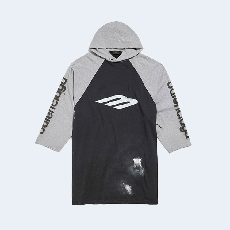 발렌시아가 3B 스텐실 후디드 래글런 오버사이즈 티셔츠 블랙