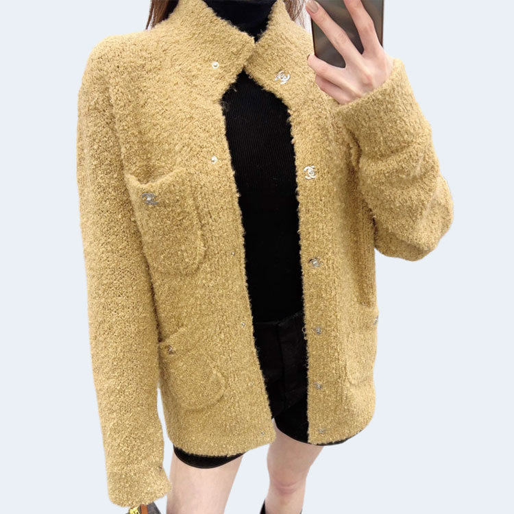 샤넬 라펠 포켓 울 니트 가디건 머스터드