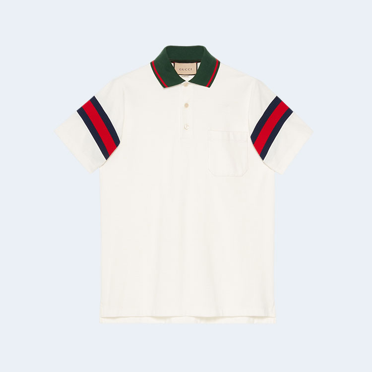 구찌 웹 코튼 그린 카라 저지 폴로 셔츠 화이트