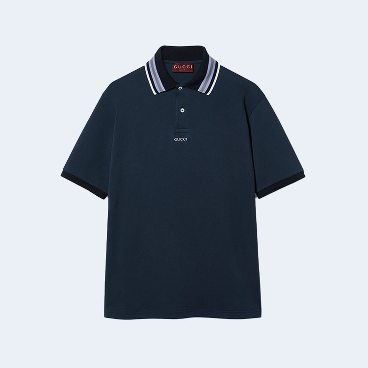 구찌 자수 코튼 폴로 셔츠 네이비