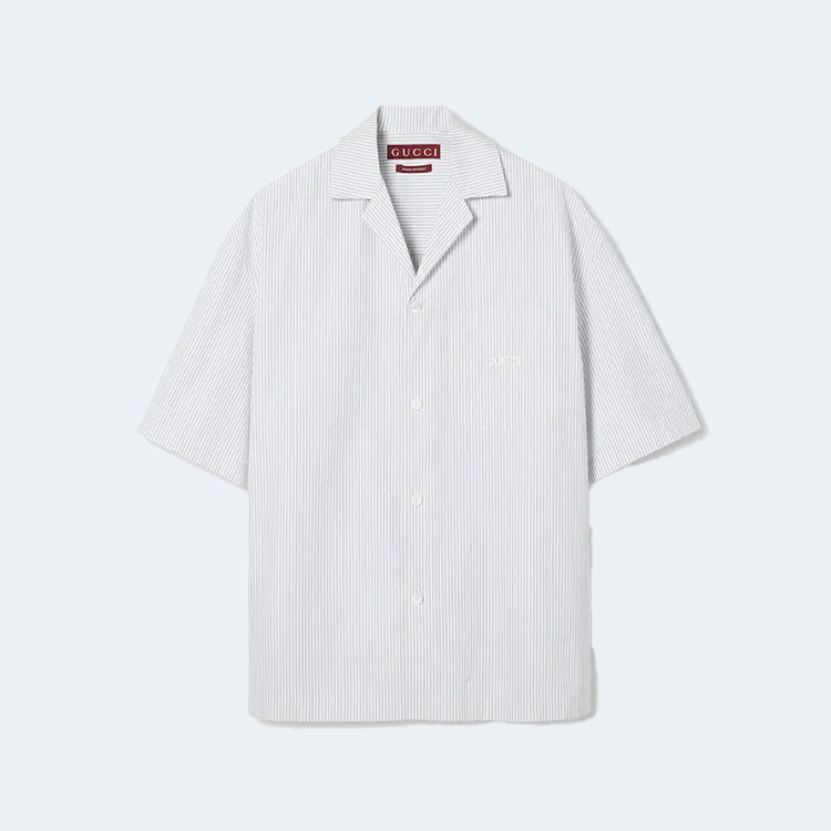 구찌 자수 스트라이프 코튼 반팔 셔츠