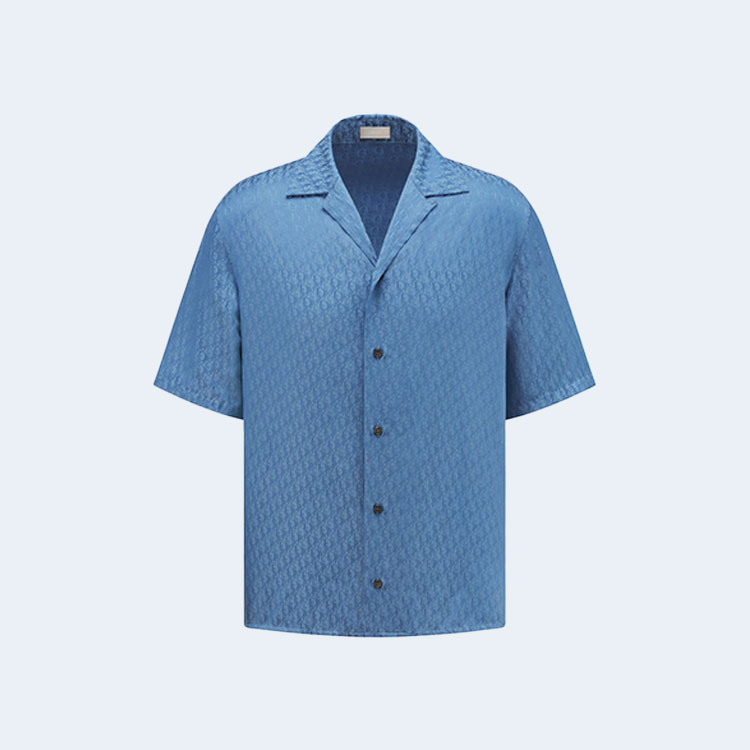 디올 오블리크 블루 실크 코튼 자카드 반소매 셔츠