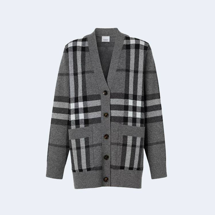 버버리 체크 울 캐시미어 자카드 오버사이즈 가디건 미드 그레이