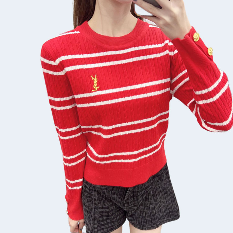 생로랑 엠브로이더드 스트라이프 크루넥 스웨터