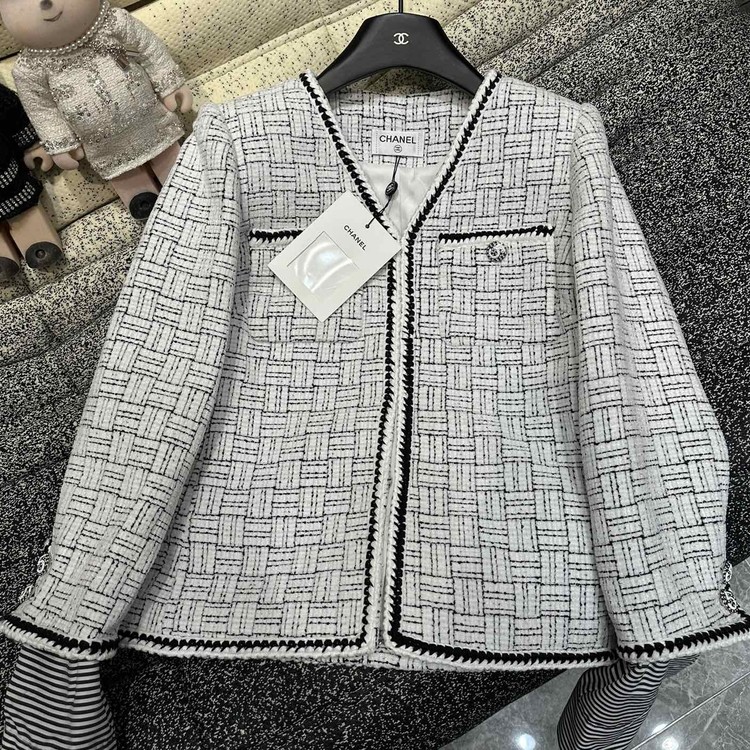 샤넬 믹스드 체크 코튼 울 트위드 자켓