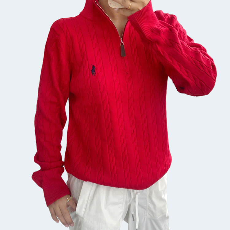 폴로 랄프로렌 케이블 쿼터 니트집업 레드
