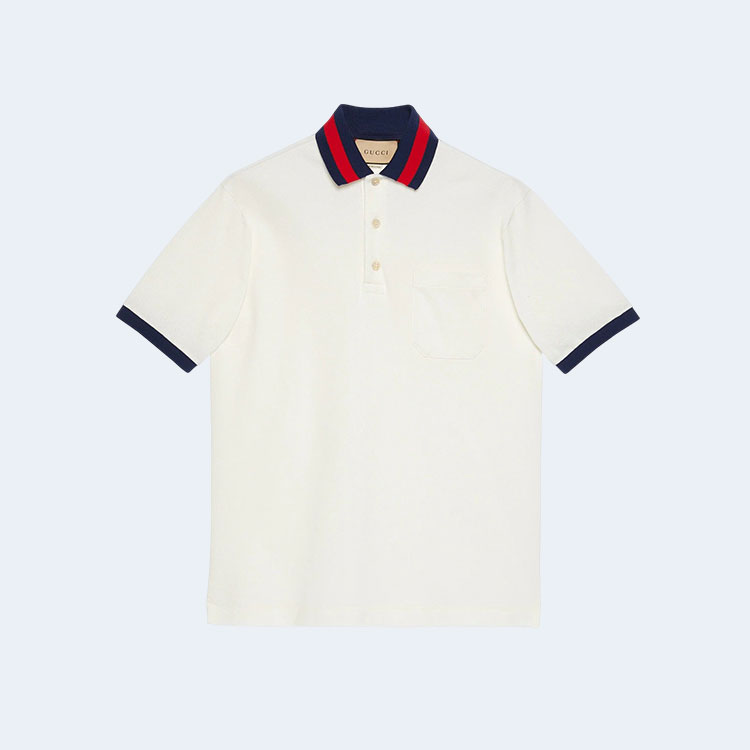 구찌 웹 카라 코튼 피케 폴로 셔츠 화이트