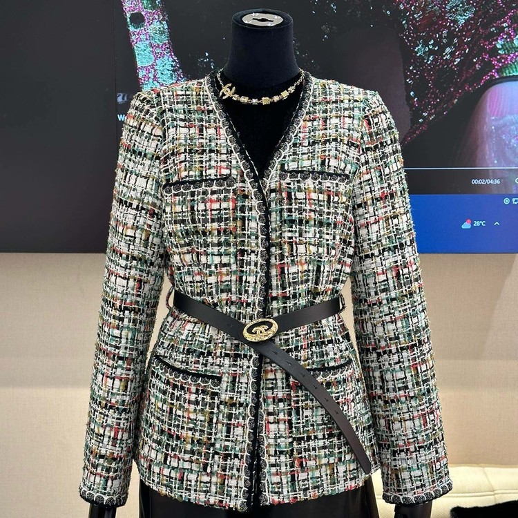 샤넬 믹스드 체크 코튼 울 트위드 밴드 자켓