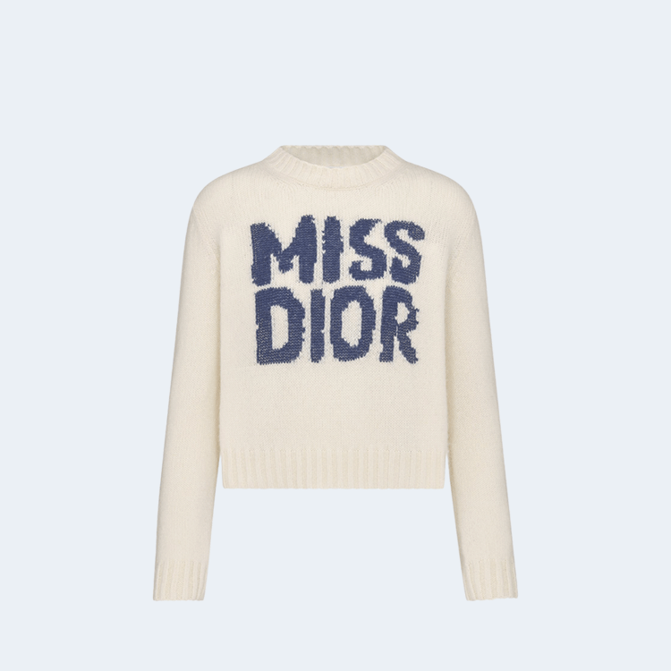 디올 블루 Miss Dior Graffiti 모티브 에크루 캐시미어 실크 니트