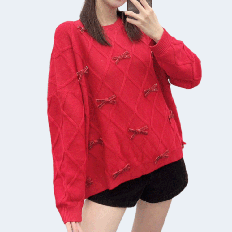 발렌티노 리본 풀오버 니트 레드