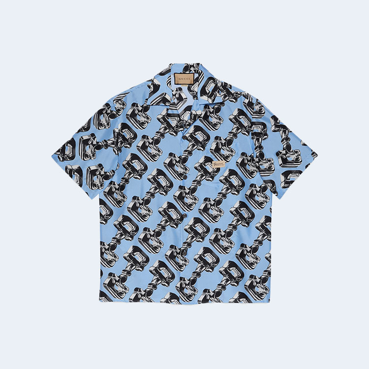 구찌 3D 글라스 홀스빗 프린트 실크 셔츠