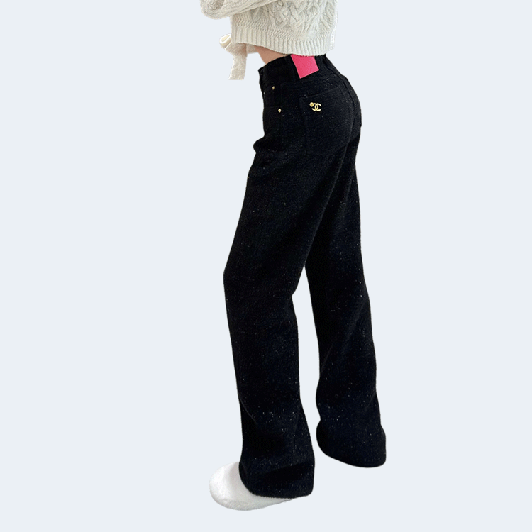 샤넬 로고 메탈 데님 팬츠 블랙