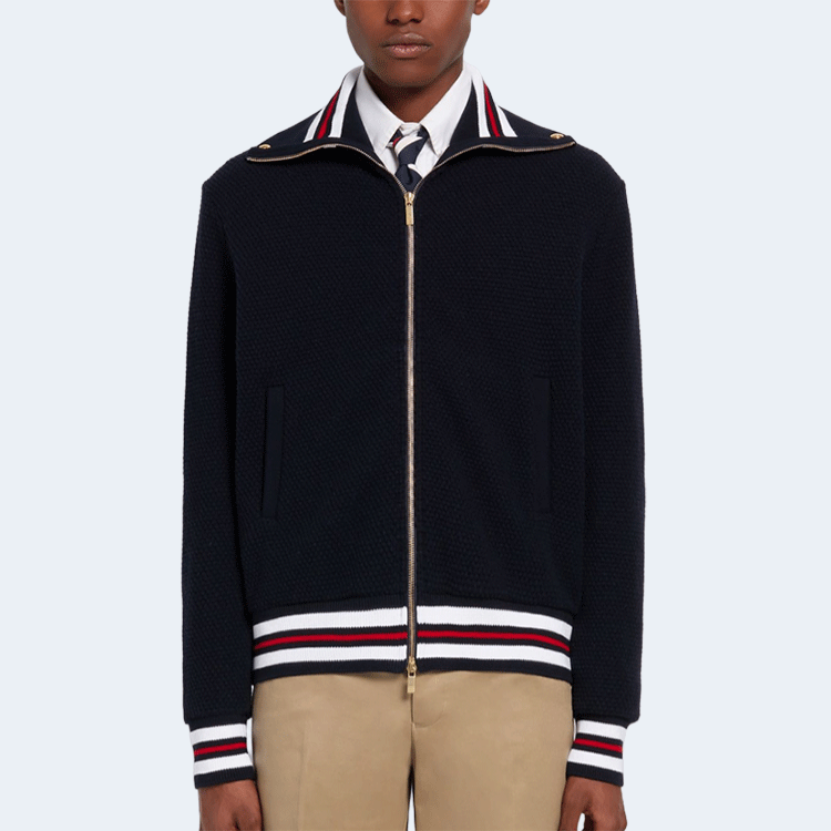 톰브라운 네이비 울 피케 릴렉스드 핏 퍼넬넥 집업 재킷