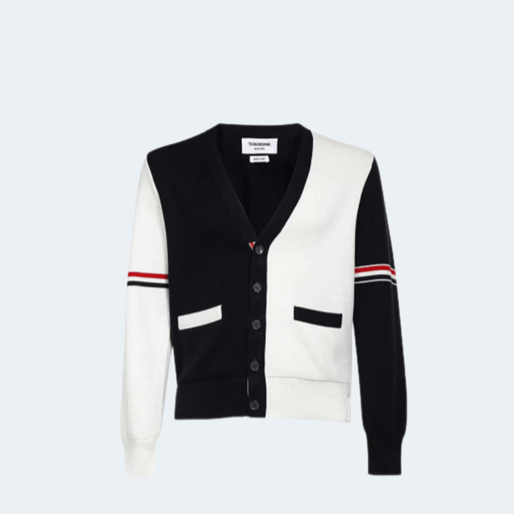 톰브라운 RWB 스트라이프 코튼 밀라노 스티치 브이넥 가디건 화이트