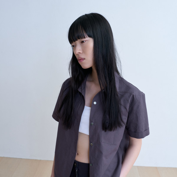 Exclusive] Classic linen short sleeve shirt (white / gray