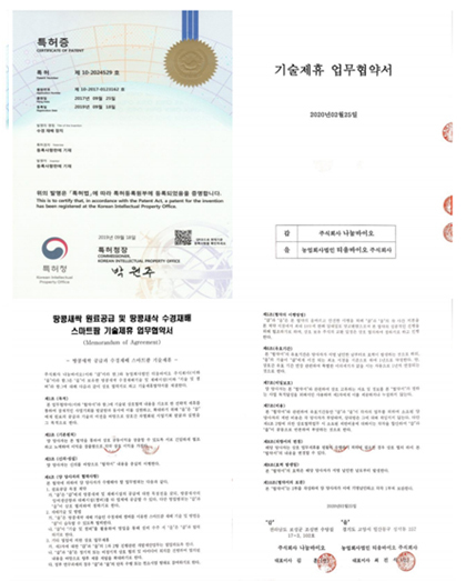 <strong>스마트팜 특허 기술 제휴</strong><br/>(특허 제 10-2024529호 수경재배장치)