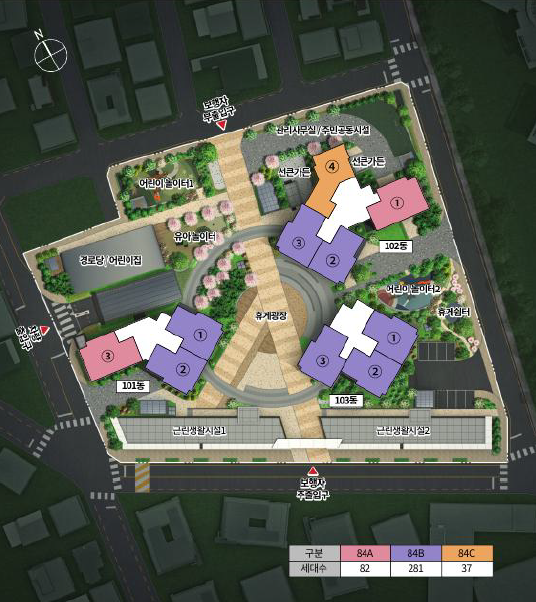동래반도유보라 모델하우스 아파트 배치도, 남향 위주 단지 설계와 동간거리 확보로 채광과 통풍을 극대화하고 세대 간 프라이버시를 보장하는 구조. 커뮤니티 시설은 주차 동선과 분리되어 안전성과 편의성이 높으며, 조경과 산책로, 어린이 놀이터, 주민운동시설이 고르게 배치된 단지 전경 이미지.