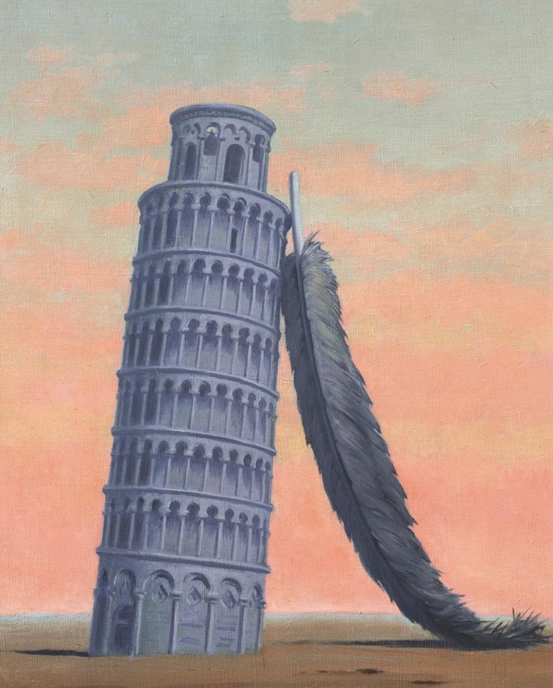 르네 마그리트의 《Souvenir de voyage》(1955). 깃털이 거대한 돌탑을 떠받치는 초현실적 장면을 통해 통계와 연구방법에 숨겨진 해석과 인식의 구조를 상징함