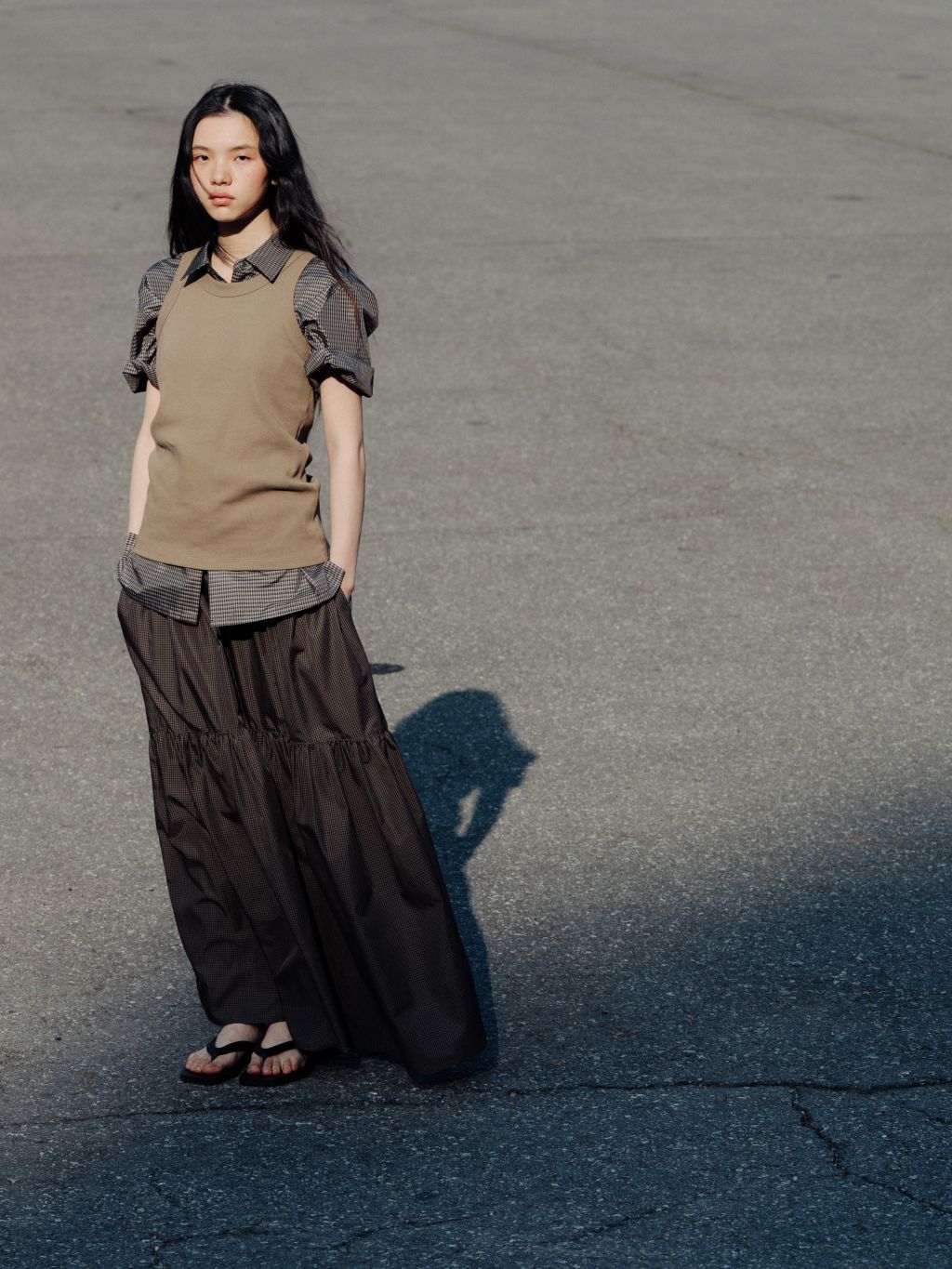 【韓国ブランド】MONOHA：25SS Gingham check shirring skirt Gingham check shirring skirt (brown) : MONOHA