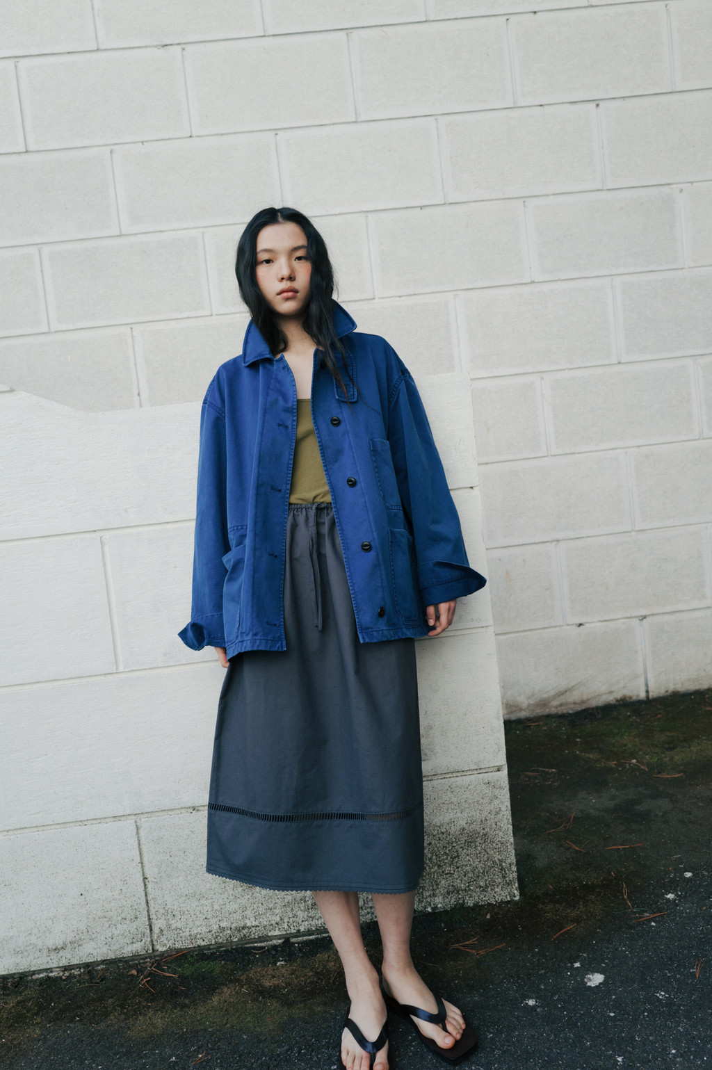 Linen lace trimmed skirt (white / gray) : MONOHA