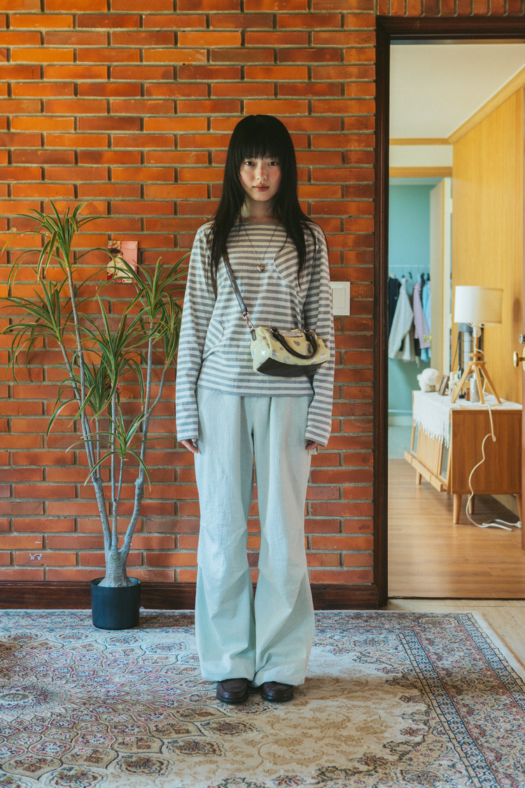 パンツ [THE MUSEUM VISITOR]RABBIT EMBROIDERY STRIPE CARPENTER PANTS RABBIT EMBROIDERY STRIPE CARPENTER PANTS (MINT) : THE MUSEUM
