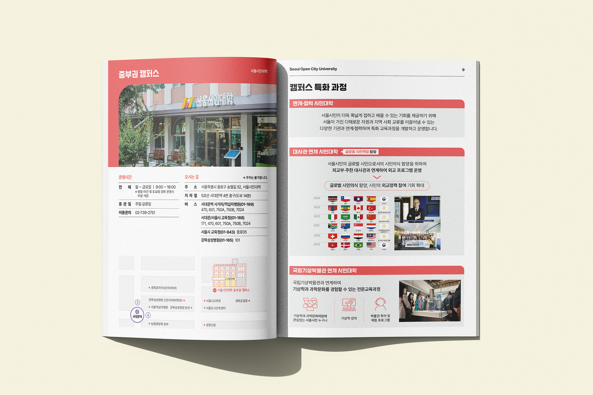 서울시민대학 중부권 캠퍼스 소개와 특화과정 설명 페이지 – 글로벌 시민대학, 기억학교 프로그램 포함