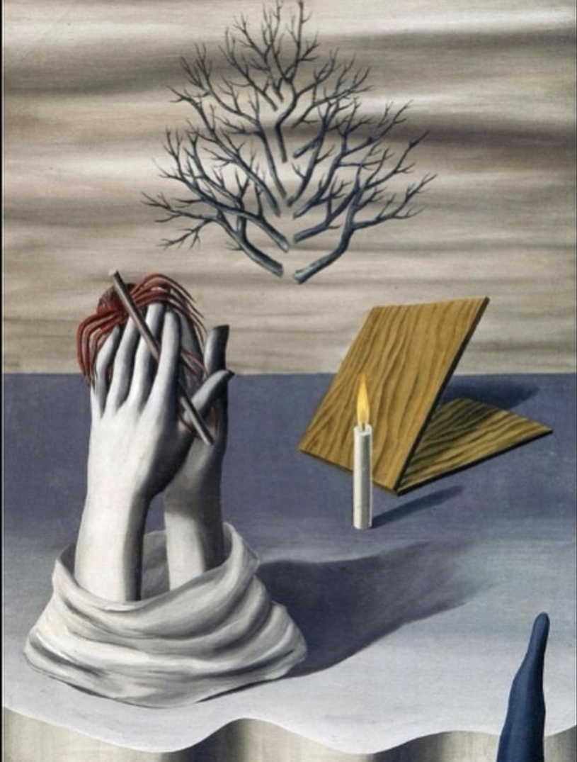 르네 마그리트의 초현실주의 그림. 맞잡은 손과 연필, 촛불, 공중에 떠 있는 나뭇가지들이 정지된 채 배치되어 다양한 통계 분석 기법 간의 구조와 연결성을 상징함