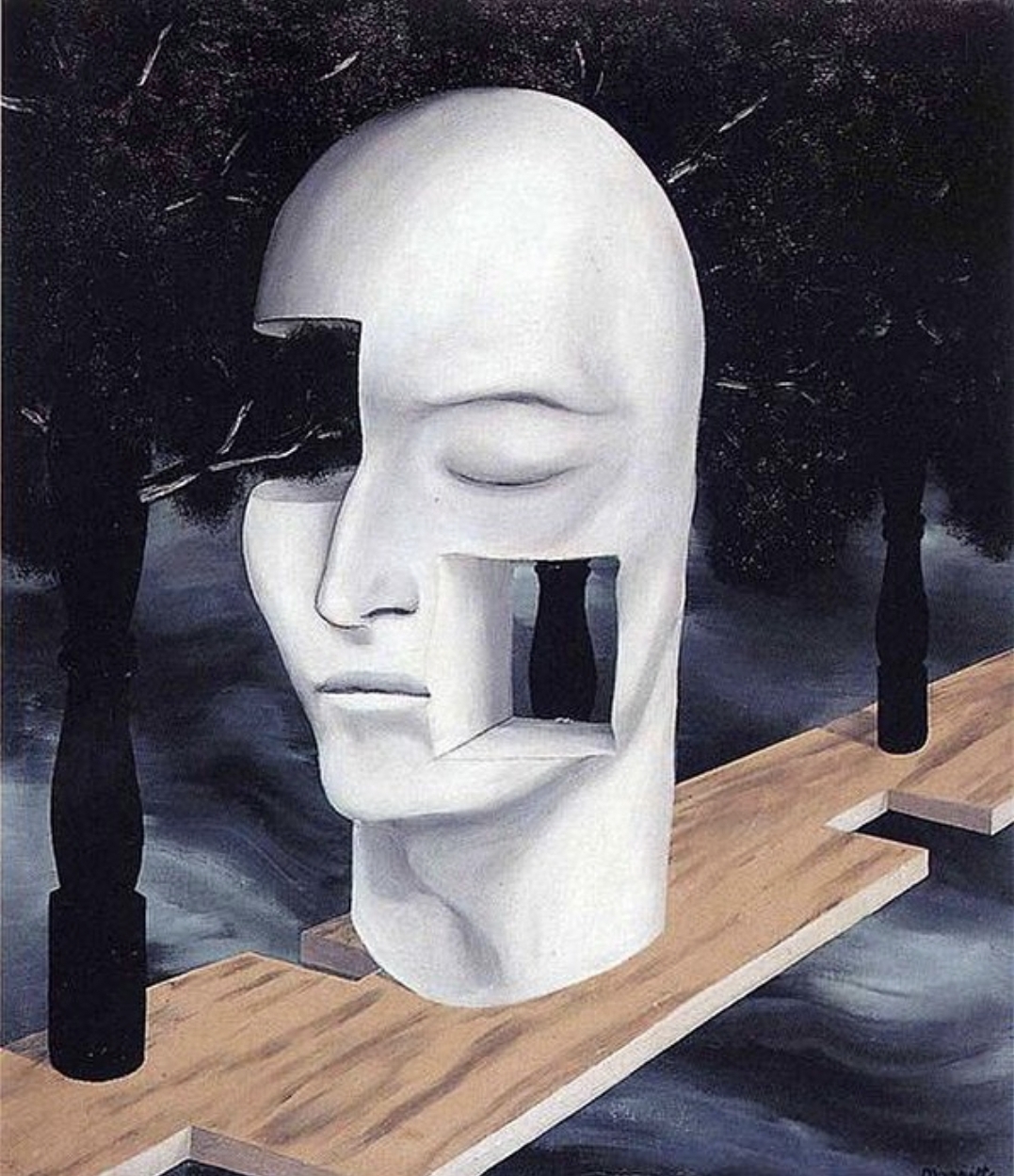 르네 마그리트의 얼굴 형상 초현실주의 그림. 내부가 비어 있고 통로처럼 열려 있는 머리를 통해 통계 개념의 복잡성과 다층적 해석 가능성을 상징함