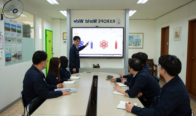 alt="다양한 색상과 질감의 굵은 합성 섬유 로프가 나란히 배열된 모습"