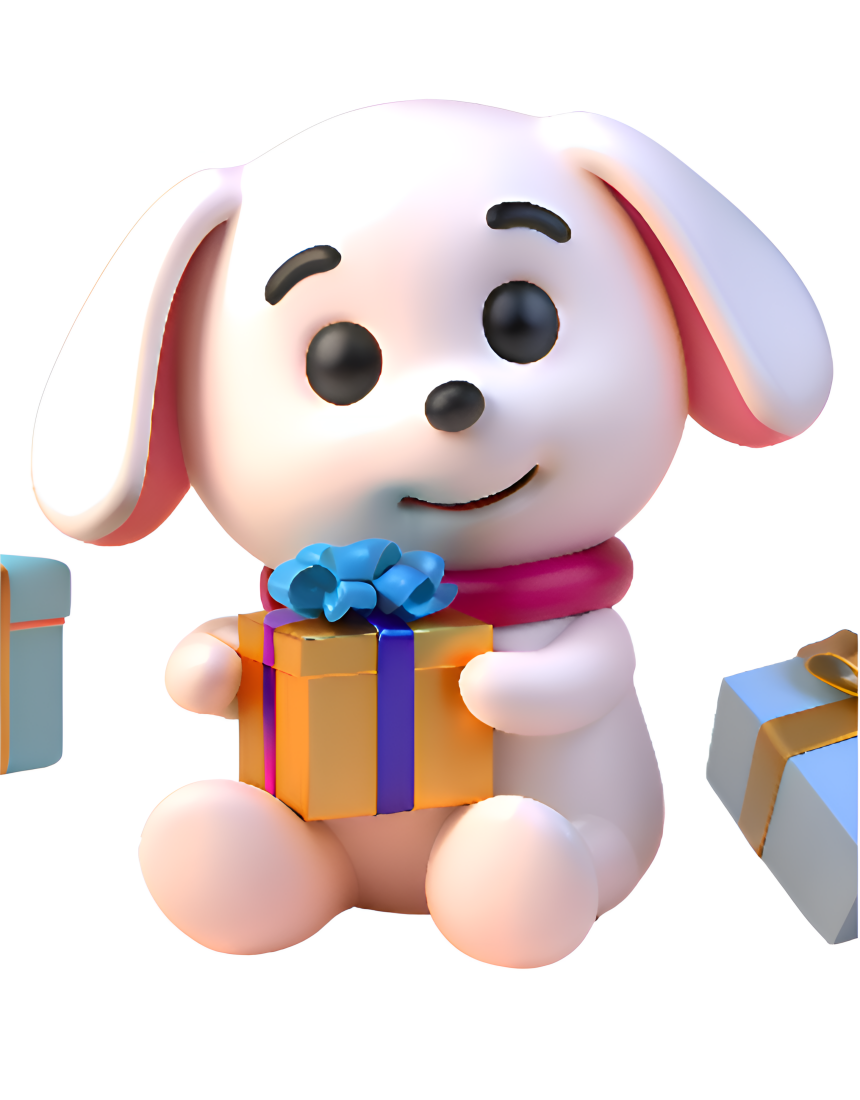 킹스토이 3D 강아지 캐릭터가 선물 상자를 들고 있는 굿즈 제작 이미지