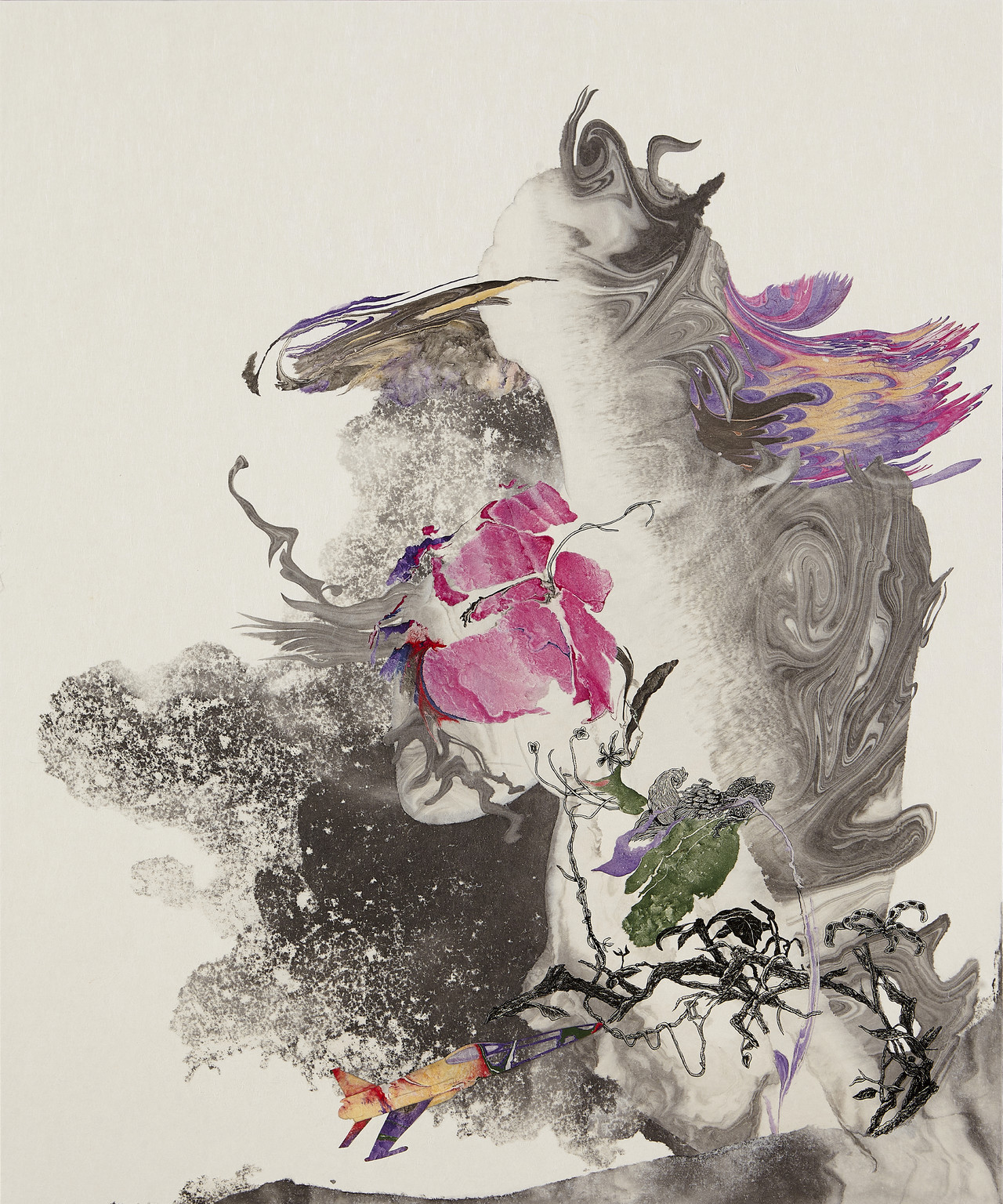 우연적 필연24117-void, 60x50cm, 우드인그레이빙 먹 콜라주 장지, 2024