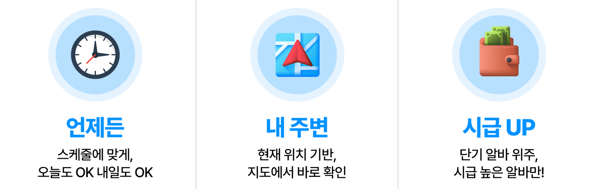 언제든 스케줄에 맞게, 오늘도 OK 내일도 OKㅣ내 주변 현재 위치 기반, 지도에서 바로 확인ㅣ시급 UP 단기 알바 위주, 시급 높은 알바만!